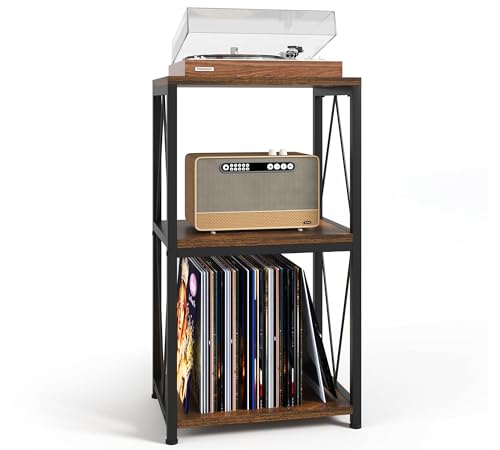 Y&M Record Player Stand with Vinyl Storage, 3-Tier Shelf Display Table for Album CD, Turntable Holder, End Table for Bedroom, Living Room, Office, Rustic Brown Y&M