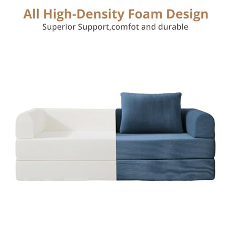 YUUIJOAA 4-in-1 Folding Convertible Sofa Bed, 78 Inch Oversized Corduroy Loveseat Sleeper with Pull Out Bed, Boneless Futon Couch for Living Room Apartment, No Assembly Needed, Blue YUUIJOAA