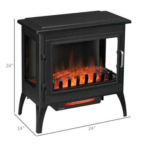 HOMCOM 24" Electric Fireplace Stove, Freestanding Infrared Fire Place Heater with Realistic Logs Flame, Adjustable Temperature, Overheat Protection, 1000W/1500W, Black HOMCOM