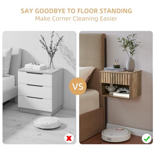 BuildHom Floating Nightstand with Fluted Drawer - Modern Wall Mounted Bedside Table with Open Storage Shelf, Small Night Stand TV Stand for Bedroom(Rustic Brown, Set of 2) BuildHom