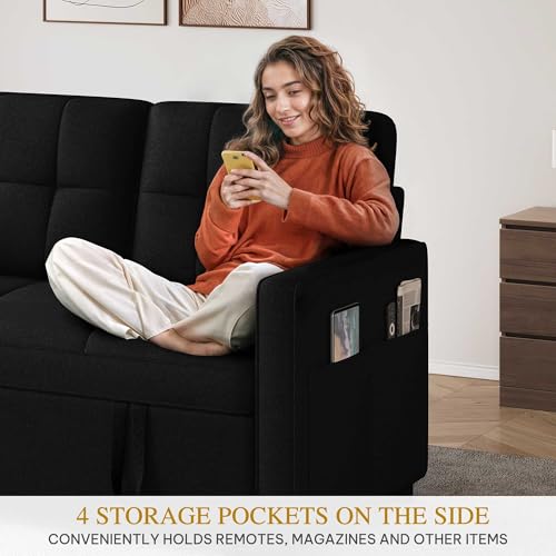 DWVO 55" Convertible Sofa Bed, 3-in-1 Sleeper Sofa with Pull-Out Bed, Linen Futon Couch with Adjustable Backrest and Side Pocket, Modern Loveseat for Living Room Apartment, Balck DWVO