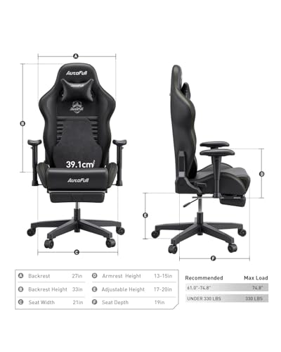 AutoFull Gaming Chair, Racing Style Gaming Chair with Ergonomic Lumbar Support,Adjustable High Back PU Leather PC Chair with Footrest,Black AutoFull
