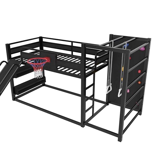 LUMISOL Twin Size Loft Bed with Slide, Basketball Hoop,Pull-up Rings and Climbing Wall, Heavy-Duty Metal Bunk Bed with Jungle Gym, Bookshelves for Kids, Boys, Girls, Black LUMISOL