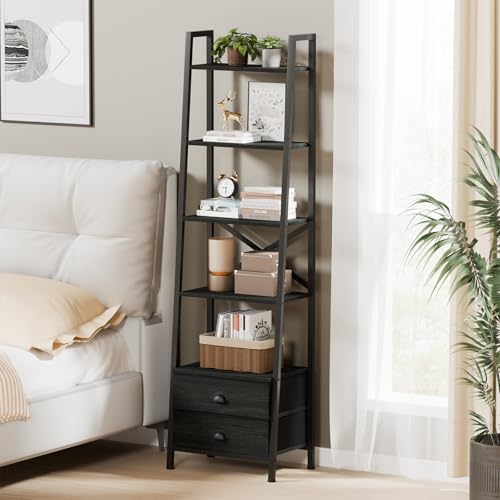 Furologee 5-Tier Industrial Ladder Shelf with 2 Drawers for Versatile Home Storage - WoodArtSupply