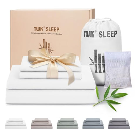 TWK Luxury Sheet Set, Genuine 100% Viscose Derived from Bamboo, Cooling & Breathable, Silky Soft, Bedding Sheets & Pillowcases (White, King(78 * 80 * 15)) TWK