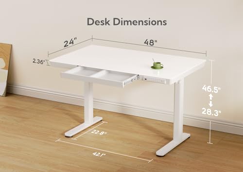Claiks Glass Standing Desk with Drawers, 48×24 Inch Adjustable Stand Up Desk, Quick Install Home Office Computer Desk with USB Ports, White Claiks