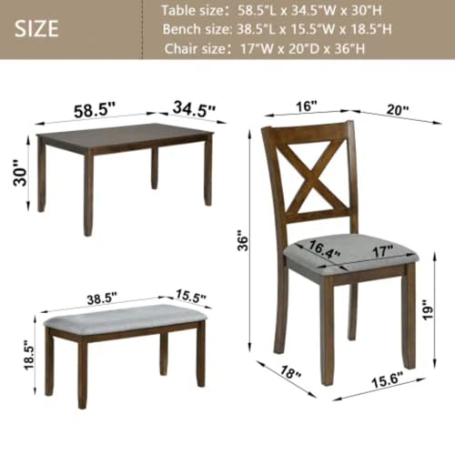Trygoal 6-Piece Dining Table Set for 4-6 People, Kitchen Set with 4 Upholstered Chairs and One Bench, Living Room Chairs with X-Shape Backrest, Rectangular Wooden Table for Home Bar, Walnut Trygoal