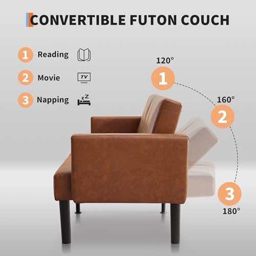 Garvee 75.5" Convertible Futon Sofa Bed, PU Leather Upholstered Futon Couch with Strong Legs, Mid Century Modern Sleeper Sofa, Comfy Loveseat for Living Room, Bedroom, Dorm, Brown Garvee