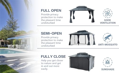 Goohome 10' x 13' Hardtop Gazebo with Galvanized Steel Double Roof, Heavy Duty Pergolas Aluminum Frame,Permanent Patio Gazebo w/Curtains and Netting, Metal Gazebo Pavilion for Party, Wedding