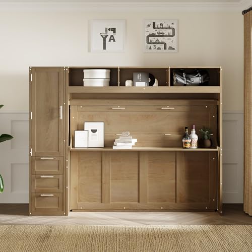 Harper & Bright Designs Full Size Murphy Bed with Wardrobe, Drawers and Open Shelves, Wooden Full Platform Bed, Hidden Foldable Bed Frame, Wall Bed for Home Office or Small Room,Antique Wood Harper & Bright Designs