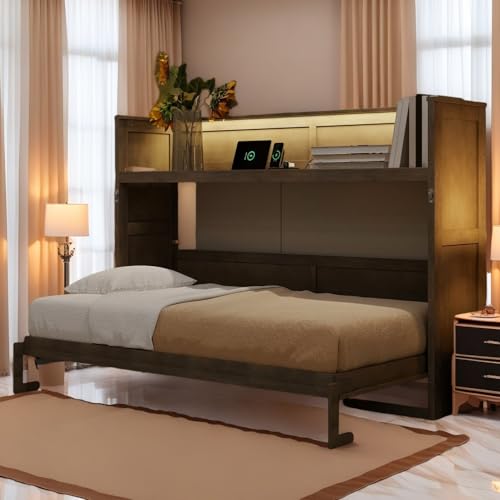 LUMISOL Twin XL Size Murphy Bed with LED and Storage, Wood Horizontal Murphy Bed with Desk, LED Light and USB Charging Station, Space-Saving Cabinet Bed, Gray Wash LUMISOL