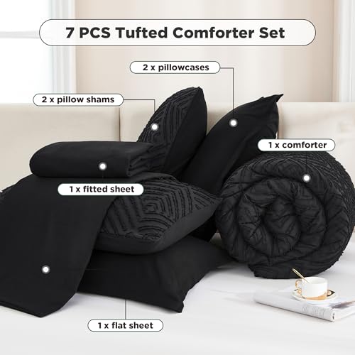 Andency Queen Comforter Set 7 Piece Black - Bed in a Bag Queen Boho Lightweight Fluffy Tufted Bedding Sets with Comforter, Sheets, Pillowcases & Shams Andency