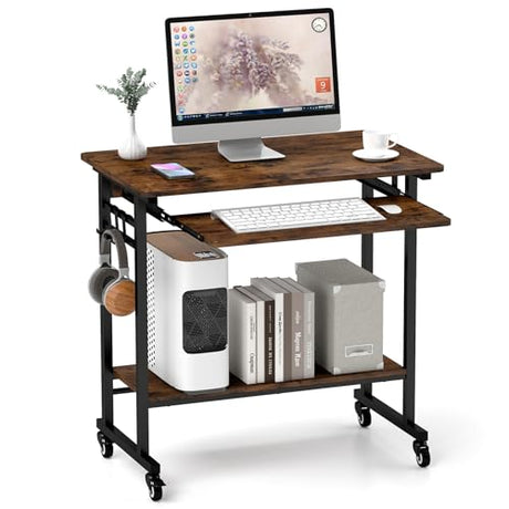 Tangkula Rolling Computer Desk Cart with Keyboard Tray, Mobile Portable Laptop PC Desk with CPU Stand & 3 Hooks for Sofa & Bed, Industrial Small Desk on Wheels for Small Spaces, Home Office Desk Tangkula