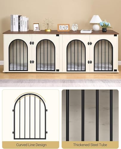 Hzuaneri 71" Dog Crate Furniture for 2 Dogs, Heavy Duty Indoor Dog Kennel TV Stand, XL Wooden Dog Cage with Divider for Medium Large Dogs, End Table Dog Crate with Cushion, White Brown DFC81914B Hzuaneri