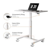 CROWNFURN Mobile Small Standing Rolling Desk Adjustable Height, Portable Laptop Desk on Wheels, Workstation for Home Office with Hook,White CROWNFURN