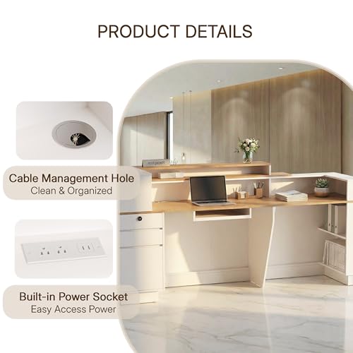 ZIMASYA 86.6" Modern Front Desk Reception Counter,Commercial Reception Room Tables with Built-in Outlets,Combination Lock Drawers, LED Lights for Office Beauty Salon Retail Store,White