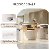 ZIMASYA 86.6" Modern Front Desk Reception Counter,Commercial Reception Room Tables with Built-in Outlets,Combination Lock Drawers, LED Lights for Office Beauty Salon Retail Store,White