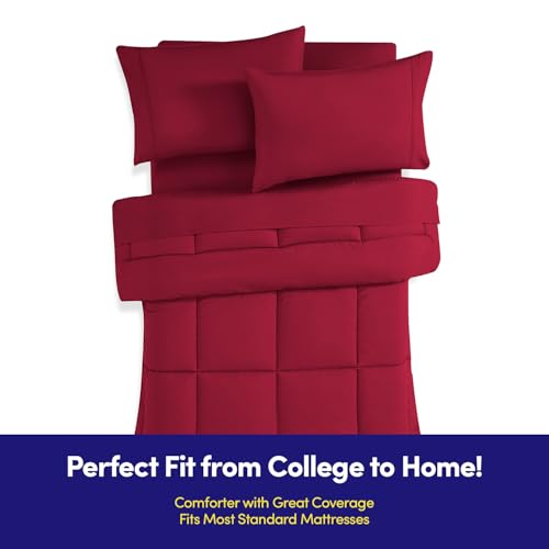 Dorm Room Essentials College Bedding Comforter Set 5 Piece Twin Size Bed in a Bag for College Students Boys and Girls, Twin, Red Sweet Home Collection