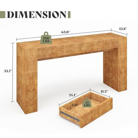 AMERLIFE 63" Burl Wood Console Table, Modern High Gloss Entryway Table with 2 Storage Drawers, Long Sofa Table Behind the Couch for Entrance, Hallway, Foyer, Living Room, Natural AMERLIFE