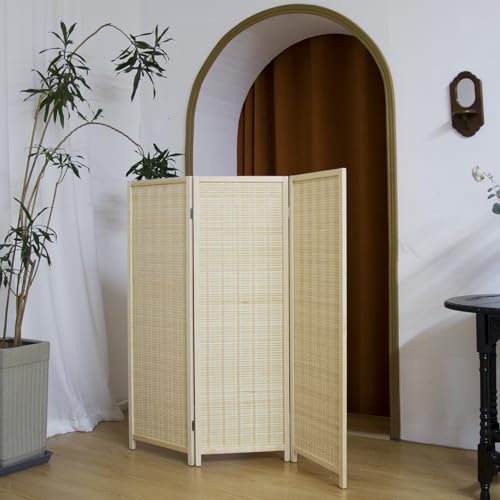 Pawlabay 3 Panel Short Panel Divider Screen,3.95 FT Tall Bamboo Room Divider Folding Privacy Screen,Short Panel Divider Freestanding Room Divider for Room Seperation,Beige PawlaBay