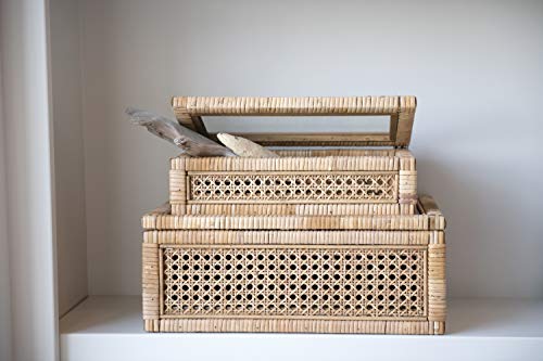 Creative Co-Op Modern Decorative Rectangle Woven Rattan and Wood Display Boxes with Glass Top, Set of 2 Sizes, Natural Finish - WoodArtSupply