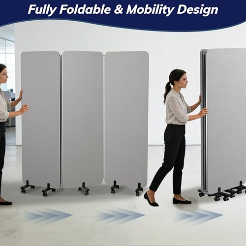 KERRAM 3 Panel Foldable Office Partitions, Mobile Cubicle Wall with Wheels, 71 x 66 Inch Noise Cancelling & Sound Proof Room Dividers Partition Wall, Aluminum Frame Gray KERRAM