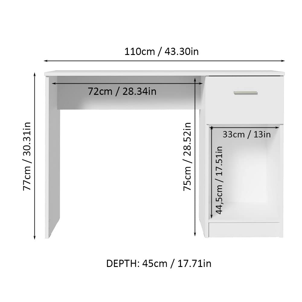 Madesa Compact Computer Desk Study Table for Small Spaces Home Office 43 Inch Student Laptop PC Writing Desks with Storage and Drawer, Modern Ergonomic Gaming Workstation - White Madesa