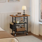 MAHANCRIS 3-Tier Printer Stand, Rolling Printer Table on Wheels, Industrial Storage Stand with Side Pocket, Wooden Tabletop, 2 S-Shaped Hooks, for Home Office, Rustic Brown and Black PTHR2501