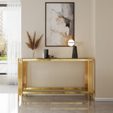 Maotifeys Modern 2-Tier Glass Console Table Luxury Clear Tempered Glass Top Sofa Table with Shiny Gold Legs 55" Slim Entryway Hall Tables with Storage Shelf for Living Room Bedroom Maotifeys
