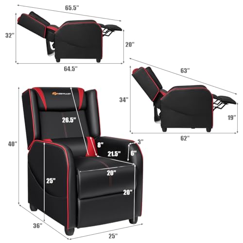 Goplus Massage Gaming Recliner Chair, Racing Style PU Leather Single Recliner Sofa with Footrest, Adjustable Modern Living Room Recliners, Ergonomic Home Theater Recliner Seat (Red)