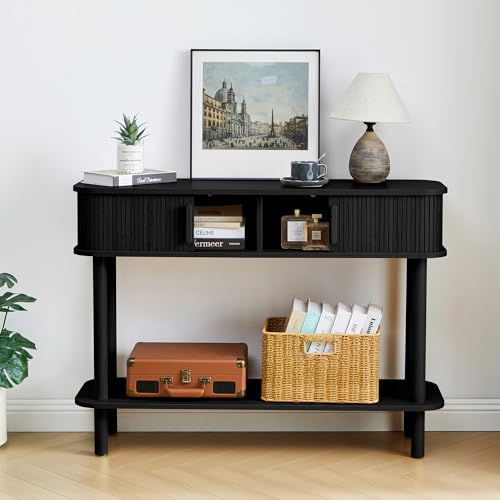 RARZOE Console Table with Storage, Fluted Entryway Table with Sliding Door&Open Shelf, Sofa Table Behind Couch, Mid-Century Modern Accent Table for Hallway, Entrance, Foyer, Fully Assembled(Black) RARZOE