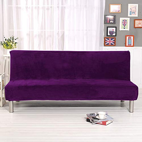 MIFXIN Armless Sofa Bed Cover Stretch Futon Slipcover Plush Thick Solid Color 3 Seat Full Folding Sofa Couch Futon Furniture Protector Without Armrests (Purple) MIFXIN