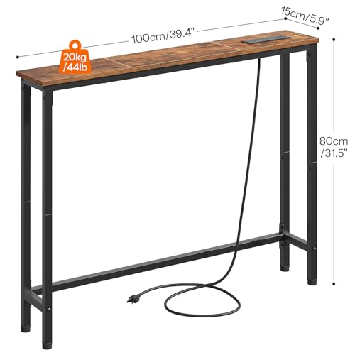 HOOBRO 39.4 Inch Narrow Console Table with Power Outlets, 5.9 Inch Sofa Table with Storage, Skinny Behind Couch Table, for Entryway Hallway, Small Spaces, Rustic Brown and Black BF52UXG01G1 HOOBRO