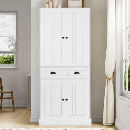 4 EVER WINNER Kitchen Pantry Storage Cabinet with 6 Door Shelves, 72" Tall Cupboard with 4 Adjustable Shelves and Large Drawers, Modern Food Pantry Cabinet for Kitchen, Dinning Living Room, White