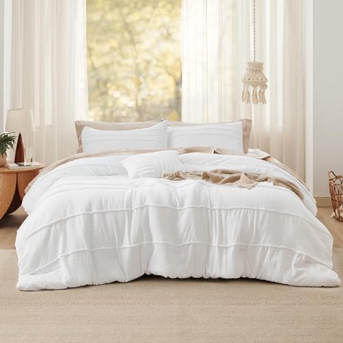 Bedsure Full Comforter Set - 4 Pieces Pinch Pleat Bed Set, White Boho Bedding for All Season, 1 Soft Comforter, 2 Pillowcases, 1 Decorative Pillow Bedsure