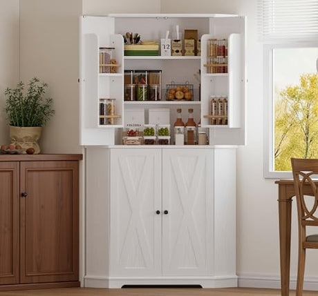 IRONCK Corner Cabinet, 72" H Kitchen Pantry Storage Cabinet, 4 Barn Doors with Storage Rack, 4 Adjustable Shelves, 6-Tier Tall Food Pantry Cabinet, Farmhouse Hutch for Kitchen Dining Room, White IRONCK