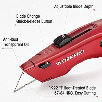 WORKPRO Premium Utility Knife, Retractable All Metal Heavy Duty Box Cutter, Quick Change Blade Razor Knife, with 10 Extra Blades - WoodArtSupply