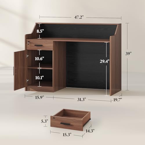 Reception Desk with Counter, Front Desk with Storage Cabinet and Drawer, 47 inch Modern Retail Counter with Cable Grommet for Checkout, Barber, Beauty Salon, Home Office ANGRYWIN