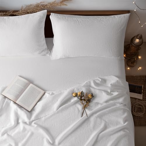 LBRO2M 100% Linen Sheet Set King Size, Bed Sheets 4 Piece Sets, Solid Color Natural Flax Bed Sheets Soft Breathable Bedding, 16" Deep Pocket, All Season (King, White) LBRO2M