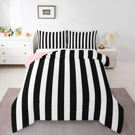Erosebridal Black and White Striped Twin Comforter Set (Pink Reversible) | Striped Bedding Set Pink and Black Comforter Sets for Kids Teens Adults Cute Pinstripe Girls Bed Quilt Sets Erosebridal