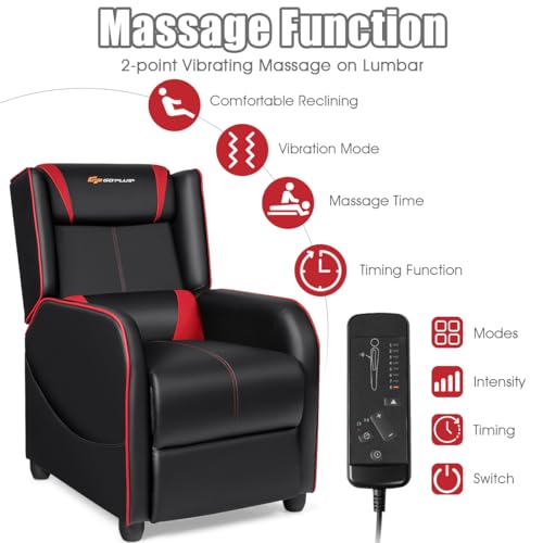 Goplus Massage Gaming Recliner Chair, Racing Style PU Leather Single Recliner Sofa with Footrest, Adjustable Modern Living Room Recliners, Ergonomic Home Theater Recliner Seat (Red)