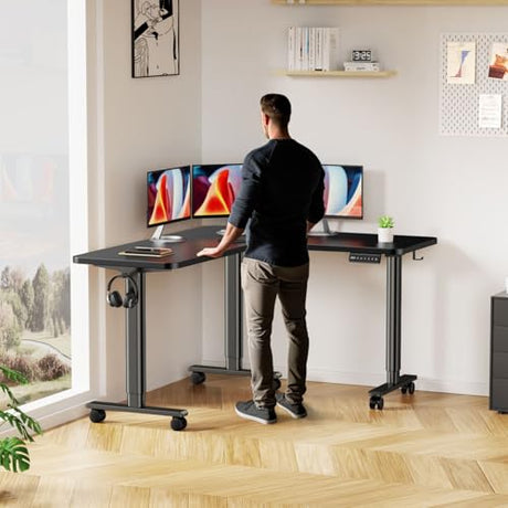 Flycity Electric L Shaped Standing Desk Adjustable Height, 63" x 55" Corner Stand Up Desk, Dual Motor Sit Stand Desk Computer Desk, Home Office Desk with 3 Memory Preset & Child Lock, Black Flycity