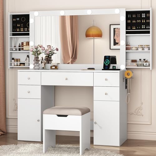 Vanity Desk with Lighted Mirror & Power Outlet, Makeup Vanity Table with 5 Drawers & 2 Cabinets, Large Vanity Set with Stool, Glass Top, Sliding Jewelry Storage Shelves, for Women Girls, White chartustriable