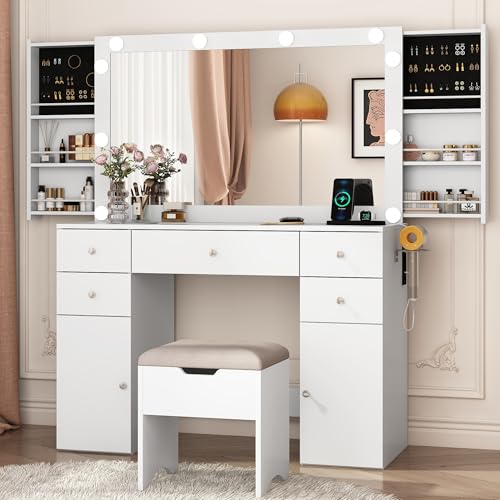 Vanity Desk with Lighted Mirror & Power Outlet, Makeup Vanity Table with 5 Drawers & 2 Cabinets, Large Vanity Set with Stool, Glass Top, Sliding Jewelry Storage Shelves, for Women Girls, Whit - WoodArtSupply