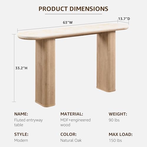 OKD 63 Inch Modern Console Table with Arc Faux Marble Texture Top, Fluted Wood Base, Contemporary Entryway Sofa Table for Living Room, Hallway, Foyer, Natural Oak OKD