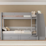 CKLMMC Full Size Multifunctional Bunk Bed with Desk and Bookshelves, Trundle, Space-Saving Wooden Bunk Bed for Kids & Teens (Gray/T) CKLMMC