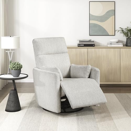 Lexicon Upholstered Swivel Recliner Chair - 360 Swivel Accent Chair Nursery Glider, Manual Recliner with Pull Handle, Microfiber, 2 Pillows, Easy Pull-Handle for Living Room/Bedroom/Apartment, Beige