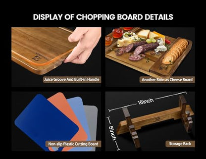 Piklohas Large Wood Cutting Boards, 7 Pieces Over Sink Chopping Board with Holder, Plastic Cutting Board Mats, Juice Groove, Handle Hole, Reversible