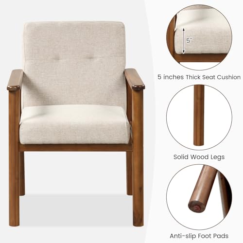 GOFLAME Accent Chair Set of 2, Mid-Century Modern Armchair with Solid Wood Legs, Soft Cushioned Seat, Upholstered Linen Fabric Leisure Chair for Living Room, Bedroom, Guest Room, Office, Beige GOFLAME