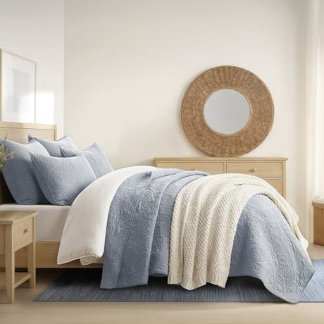 EVERGRACE 100% Cotton Paisley Quilt Set, King Size 3 Piece Set – Prewashed Lightweight Bedspread with 2 Shams, Soft & Breathable Matelasse Coverlet for All-Season Comfort, Pearl Blue EVERGRACEHOME